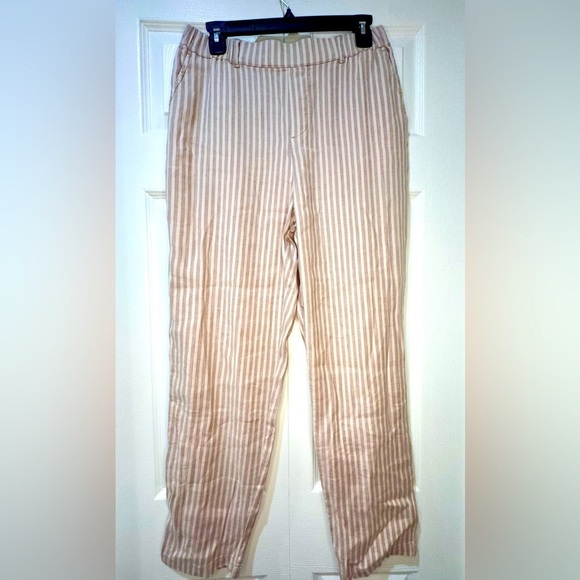 NEW Nic+Zoe Cafe Straight Leg Pant striped pockets pull on linen beige Sz 8 VGUC - Picture 1 of 10